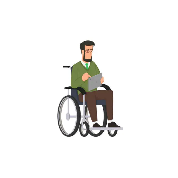 Vector illustration of Concept of man with disabilities working with tablet.