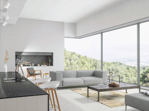 istock Modern living room and kitchen interior with nature view 1133345213