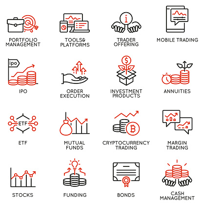 Vector set of linear icons related to investment, financial advice and business management. Mono line pictograms and infographics design elements - part 4