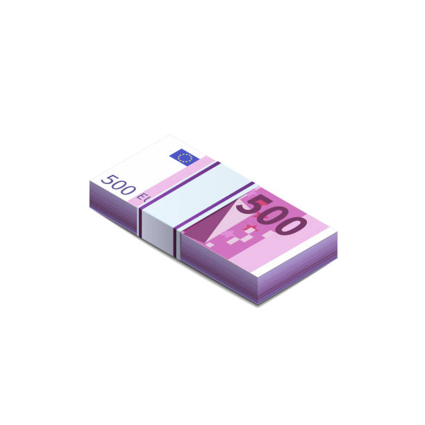 Bright five hundred euro banknotes in stack in isometric view, pile notes on white Bright five hundred euro banknotes in stack in isometric view, pile notes isolated on white banknote euro close up stock illustrations