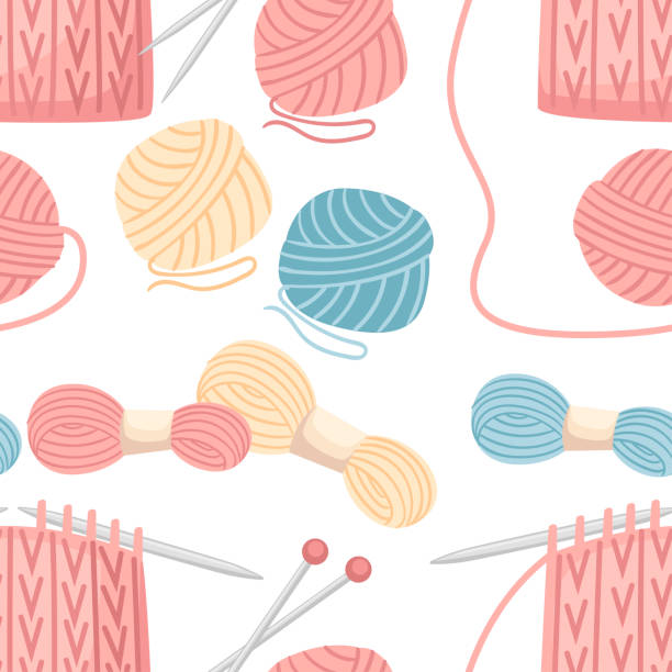 ilustrações de stock, clip art, desenhos animados e ícones de seamless pattern. set tools for sewing knitting needles. balls of yarn, wool colorful illustration. knitting process. flat vector illustration on white background - needle thread sewing red