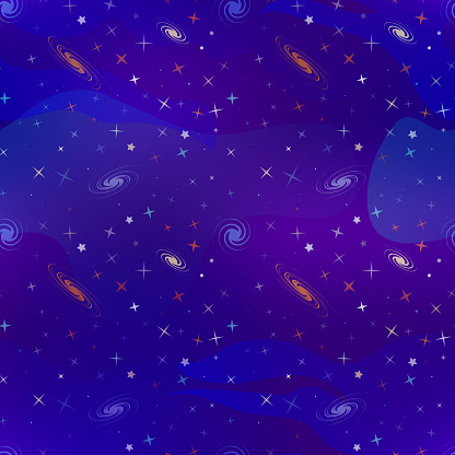 Bright cartoon deep space background with lots of colorful stars and galacticas, cosmos seamless pattern