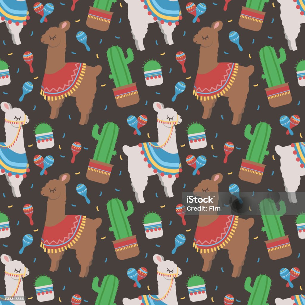 Trendy peruvian cartoon llama with cactus und rumba shaker seamless pattern on dark black background Seamless pattern suitable for paper or textile designs Alpaca stock illustration
