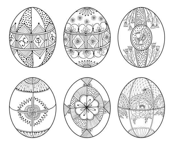 Vector illustration of Vector set of outline ethnic Ukrainian Easter egg Pysanka in black isolated on white background.