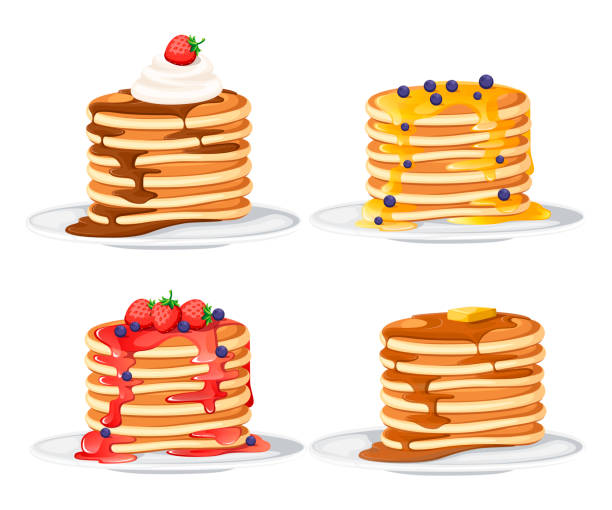 ilustrações de stock, clip art, desenhos animados e ícones de set of four pancakes with different toppings. pancakes on white plate. baking with syrup or honey. breakfast concept. flat vector illustration isolated on white background - pancake buttermilk buttermilk pancakes equipment