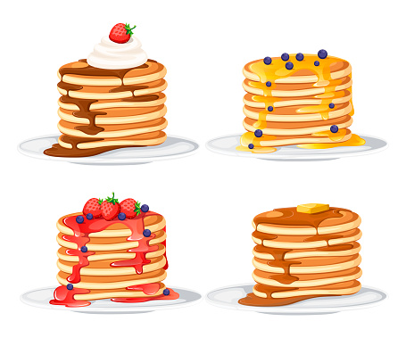 Set of four pancakes with different toppings. Pancakes on white plate. Baking with syrup or honey. Breakfast concept. Flat vector illustration isolated on white background.