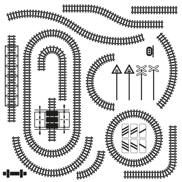 набор железнодорожных частей и дорожных знаков. векторная иллюстрация. - железнодорожный путь stock illustrations