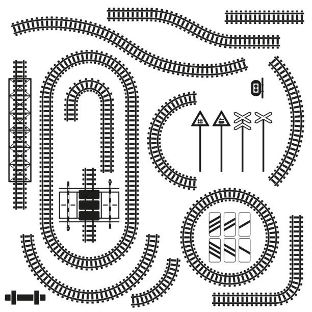 Set of railway parts and road signs. Vector illustration. Set of railway parts and road signs. Vector illustration. tramway stock illustrations