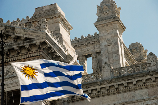 Bandera de Uruguay frente al Palacio Legislativo de Montevideo photo
