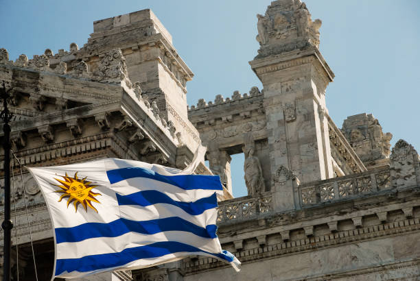 flag of uruguay in front of the legislative palace in montevideo - montevidéu imagens e fotografias de stock