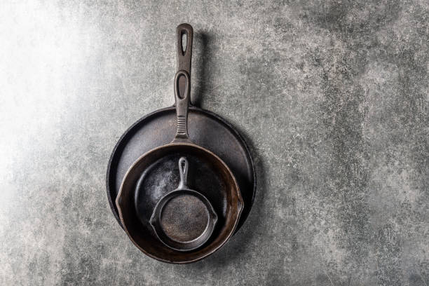 istock Cast iron Pans or Skillets on Grey Background 1133357417