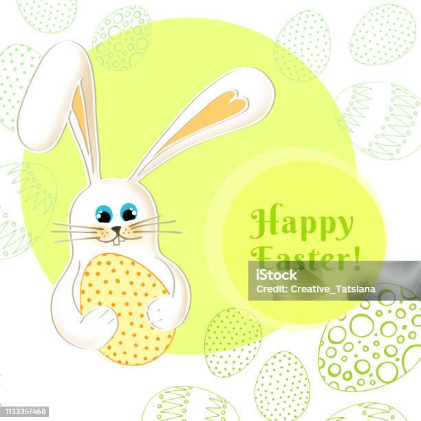 Easter Cute Bunny Carrying Colorful Easter Egg On Green Background Little Rabbit Postcard Print Design Text Happy Easter Stock Illustration - Download Image Now