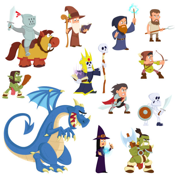 판타지 생물과 인간. - dragon fantasy knight warrior stock illustrations