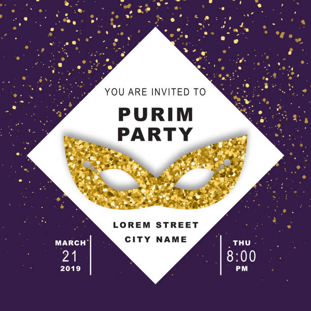 Purim Party, jewish celebration party invitation, vector illustration. Carnival mask made of gold glitter, golden confetti flying in the air and text on trendy purple background. Carnival mask made of gold glitter, golden confetti flying in the air and text on trendy purple background. Purim Party, jewish celebration party invitation, vector illustration. purple and gold masquerade masks stock illustrations