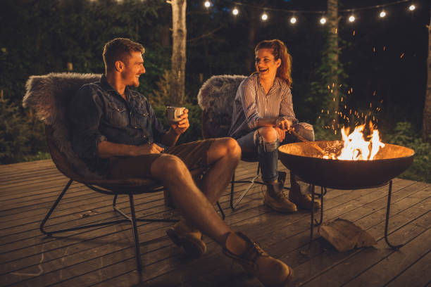 istock Fireplace at porch and summer night 1133358969