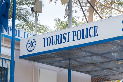 Eilat, Israel - February 9, 2019: Sign of Tourist Police on Police office.
