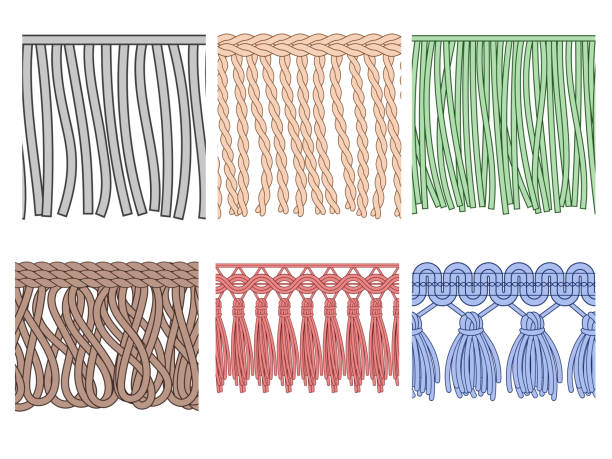 Fringe trim. Textile fringes, raw cloth edge and fashion garment frills. Seamless ruffles fiber vector patterns Fringe trim. Textile fringes, raw cloth edge and fashion garment frills. Seamless ruffles fiber, ruffle sewing polyester fiber. Isolated vector patterns icons set fringe stock illustrations