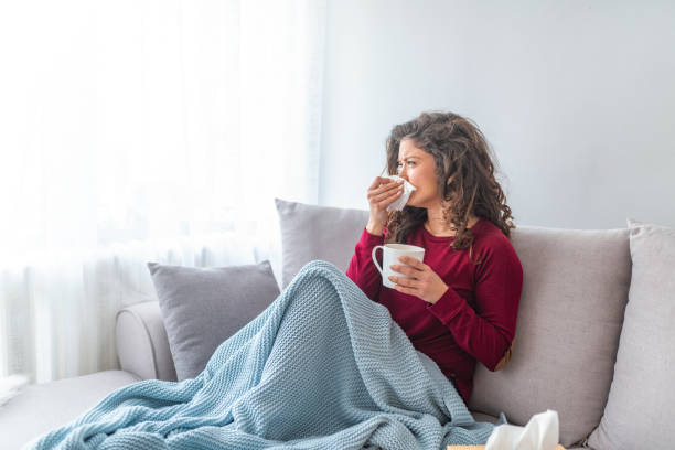 Sick desperate woman has flu.
