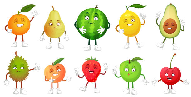 Cartoon fruit character. Happy fruits mascot funny durian, smiling apple and pear. Healthy fresh food vector illustration set Cartoon fruit character. Happy fruits mascot funny durian, smiling apple and pear. Healthy fresh food emoji, fun fruit comic emotion watermelon, avocado faces. Vector illustration isolated icons set oranges with faces stock illustrations