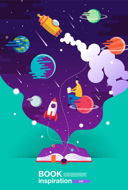 ilustrações, clipart, desenhos animados e ícones de livro aberto, fundo do espaço, escola, leitura e aprendizagem, imaginação e retrato da inspiração. fantasia e creativa, ilustração lisa do vetor. - science planet space rocket