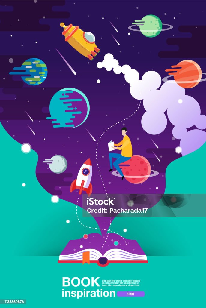 open book, space background, school, reading and learning , Imagination and inspiration picture. Fantasy and creative ,Vector flat illustration. Child stock vector
