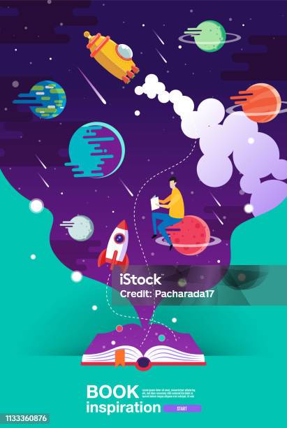 Open Book Space Background School Reading And Learning Imagination And Inspiration Picture Fantasy And Creative Vector Flat Illustration Stock Illustration - Download Image Now