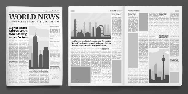 Business newspaper template. Financial news headline, newspapers pages and finance journal isolated vector illustration layout Business newspaper template. Financial news headline, newspapers pages and finance journal. Newsprint press, daily brochure or business magazine. Isolated vector illustration layout set news event illustrations stock illustrations