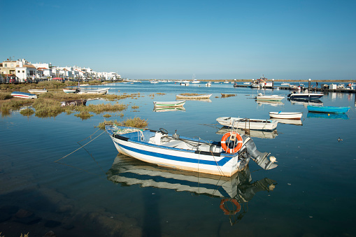 the landscape at the Armacao da Abobora Laguna and Coast at the Town of Cabanas near Tavira at the east Algarve in the south of Portugal in Europe.