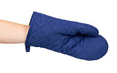 Hand with blue kitchen glove, heat protection and safety.