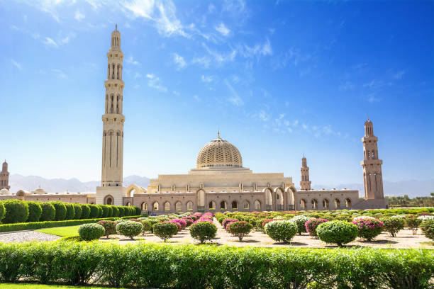 gardens and the muscat grand mosque (oman) - islam mosque oman greater masqat imagens e fotografias de stock