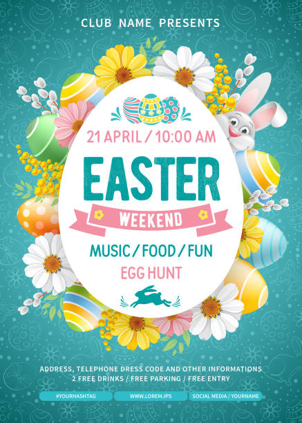 Easter Weekend Party Flyer Template Advertising poster template for Easter Weekend Party with cheerful bunny, colored eggs and spring flowers on turquoise background with doodle pattern. Vector Illustration. turquois stock illustrations