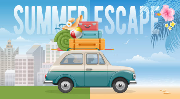 illustrazioni stock, clip art, cartoni animati e icone di tendenza di famiglia che viaggia in auto - car family picnic vacations