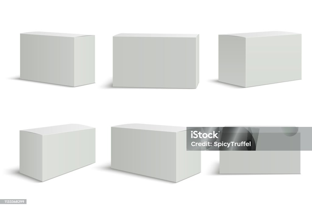 White boxes templates. Blank medical box 3d isolated paper packaging. Rectangle carton package vector mockup - Royalty-free Caixa arte vetorial