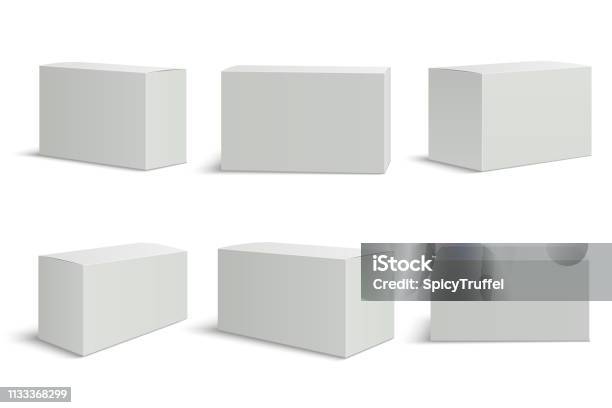 White Boxes Templates Blank Medical Box 3d Isolated Paper Packaging Rectangle Carton Package Vector Mockup - Arte vetorial de stock e mais imagens de Caixa