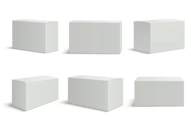 Vector illustration of White boxes templates. Blank medical box 3d isolated paper packaging. Rectangle carton package vector mockup