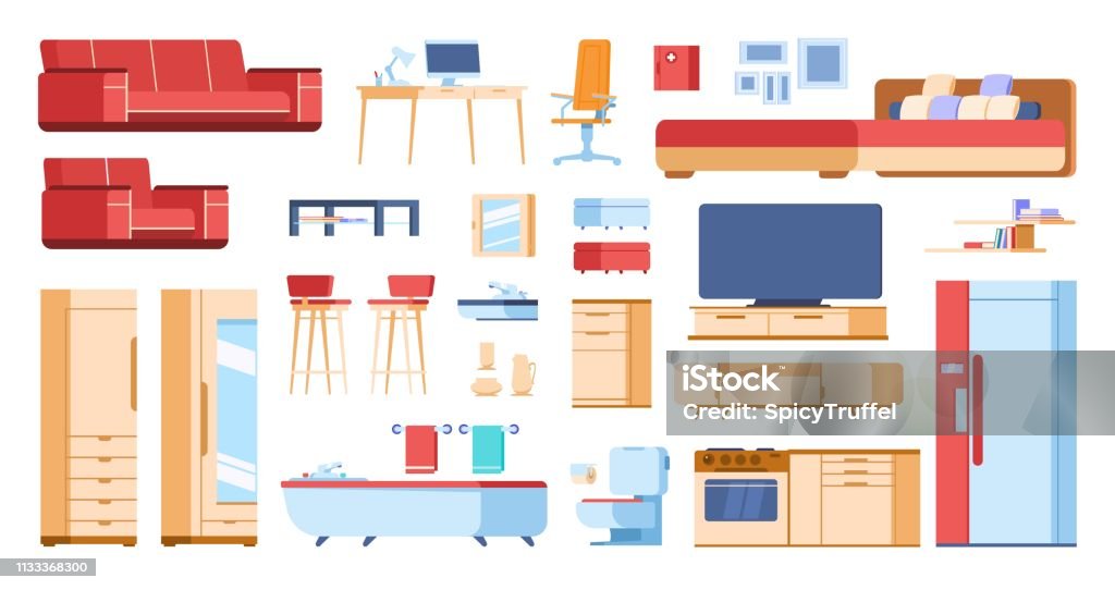 1901m30i010n012pc251035516493 Cartoon Interior Furniture Home Living Room  Bedroom Closet Flat Isolated Couch Wardrobe Table Cartoons Vector House  Elements Stock Illustration - Download Image Now - iStock