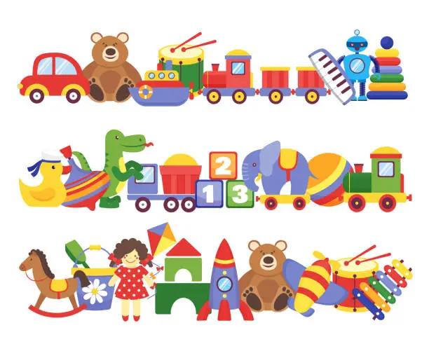 Vector illustration of Toys pile. Groups of children plastic game kids toys elephant teddy bear train rocket ship doll dino vector