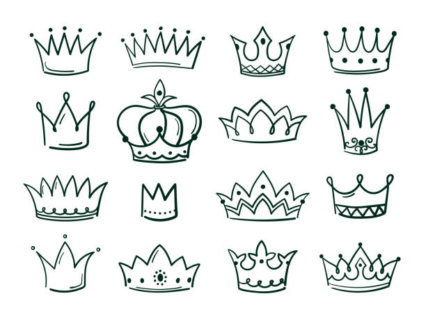 illustrations, cliparts, dessins animés et icônes de couronne dessinée à la main. croquis couronnes reine coronet simple élégant noir couronnement vintage coronale icônes majestueux diadème isolé vecteur - couronne solaire