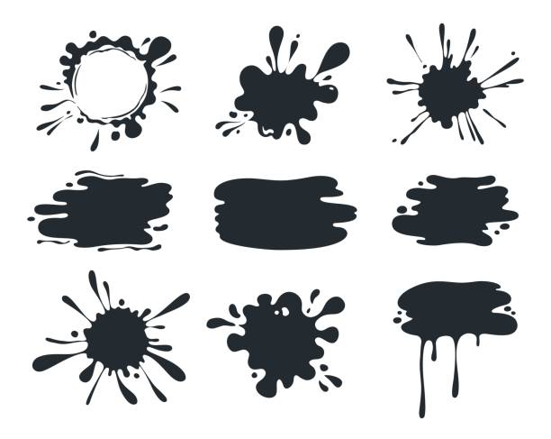 Black paint blob. Brush pen splatter shapes, current paint stains, liquid dripping melted chocolate. Vector paint drip for symbol Black paint blob. Brush pen splatter shapes, current paint stains, liquid dripping melted chocolate. Vector paint drip for symbol set smudged condition stock illustrations