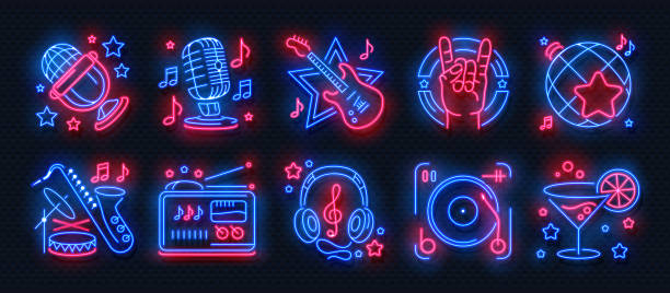 1902.m30.i030.n040.S.c12.795597250 Casino neon signs. Slot machine jackpot banners, poker bar night billboard, gambling roulette. Vector casino neon web banners_f Neon party icons. Dance music karaoke light signs, glowing concert banner, rock bar disco poster. Vector retro night club set neon music notes stock illustrations