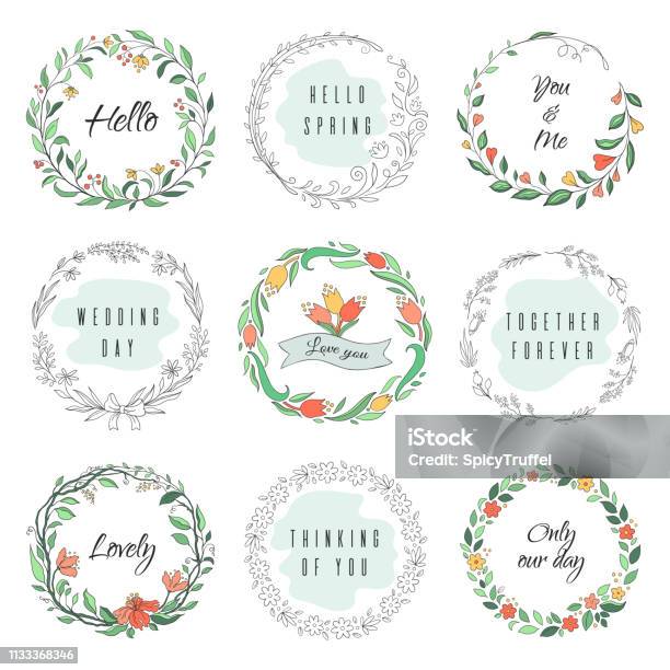 Floral Circle Doodle Frames Circular Laurel Wreath Flourish Monogram Borders Hand Drawn Botanical Shapes Vector Florist Frames Stock Illustration - Download Image Now