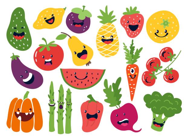 плоские растительные символы. забавные смайлики каракули фрукты, рисованные вручную ягоды картофельный лук томатные яблоки. вектор милые � - vegetable beet doodle food stock illustrations