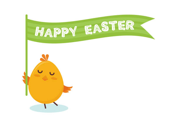 Cute little chick with happy Easter sign- Vector Cute little chick with happy Easter sign- Vector Illustration easter easter egg eggs basket stock illustrations