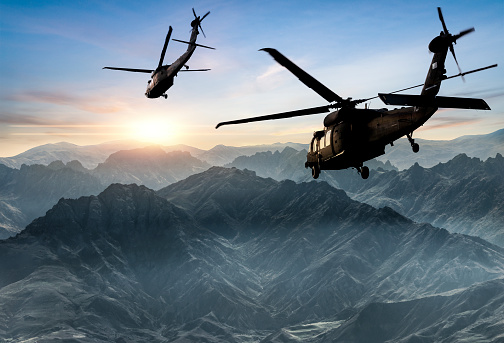 military helicopter warfare in the desert. 3d render