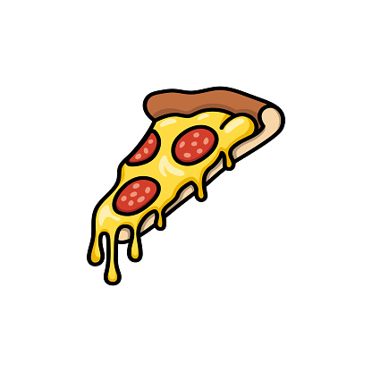 Pizza slice with melted cheese and salami or pepperoni cartoon or comics illustration with outline or contour. Fast food, isolated vector