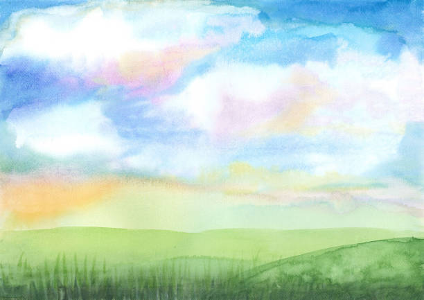 istock background watercolor illustration, colorful sky with green hill 1133372326