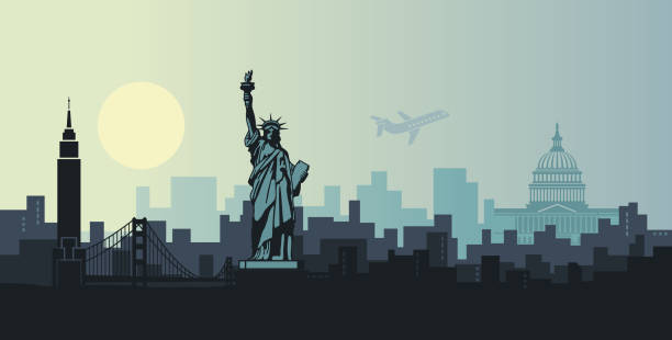 bildbanksillustrationer, clip art samt tecknat material och ikoner med stiliserat landskap i new york med sevärdheterna i usa. abstrakt skyline i gryningen - manhattan skyline sunset