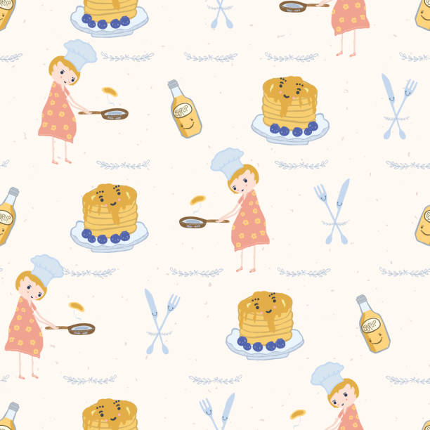 lucu gadis memasak dengan pancake dan koki topi vektor ilustrasi - crepe dress ilustrasi stok