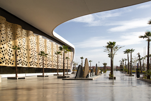 Marrakesh, Morocco - February 20, 2019: Entrance to departures at the Marrakesh International Menara Airport. Marrakesh is the most popular tourist destination in Morocco.