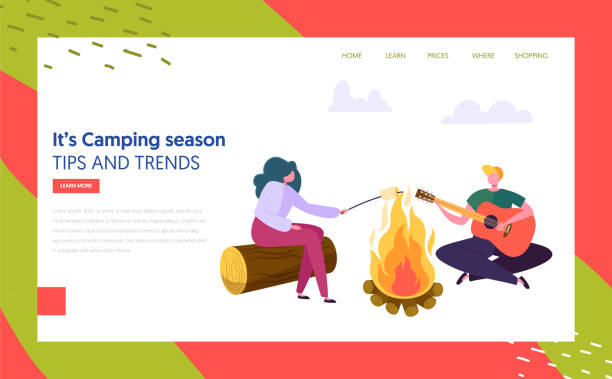 Man and Woman Character Playing Guitar Fries Marshmallow near Bonfire in Forest Landing Page. Nature Summer Outdoor Camping. Active Rest Concept Website or Web Page. Flat Cartoon Vector Illustration Man and Woman Character Playing Guitar Fries Marshmallow near Bonfire in Forest Landing Page. Nature Summer Outdoor Camping. Active Rest Concept Website or Web Page. Flat Cartoon Vector Illustration hiking snack stock illustrations